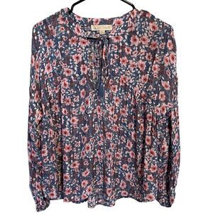 Love Stitch- Navy Pink Floral Semi-Sheer Long Bubble Sleeve Blouse Tassels, Sz L